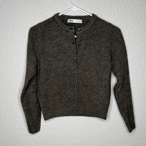Zara Cardigan Metallic Buttons Grey Brown Size Small - Picture 2 of 8